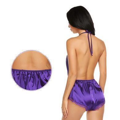 Эротический боди из атласа фиолетового цвета с глубоким вырезом, размер L