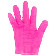Розовая рельефная вибро-перчатка для анально-вагинальной стимуляции