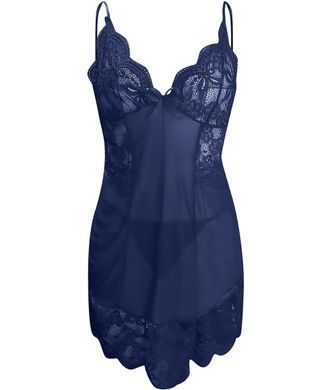 Еротична мережива сорочка з прозорими вставками та стрінгами Blue Elegance, синя, розмір XL