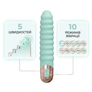 Інфографіка роботи вібромасажера-палички: демонстрація 5 швидкостей та 10 режимів вібрації з керуванням на золотистій базі