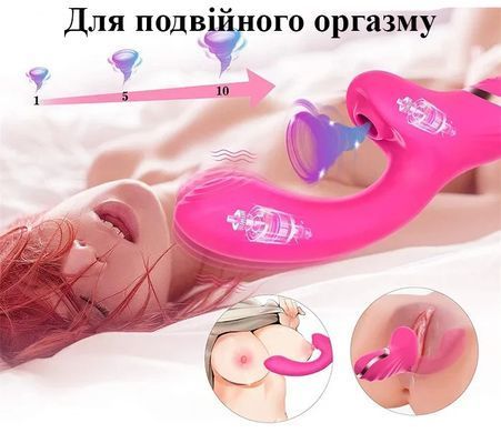 Вібруючий фалоімітатор червоного кольору з вакуумною стимуляцією клітора (USB)
