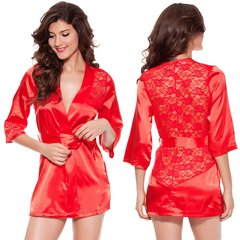 Красный женский эротичный короткий халат с поясом и стрингами (размер M)