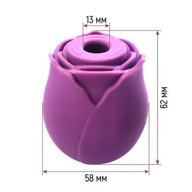 Схема лінійних розмірів фіолетового стимулятора We Love Rose: висота 62 мм, ширина 58 мм та отвір 13 мм